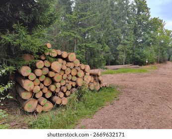 A stack of logs with green markings on them, sitting on the side of a dirt road in a wooded area