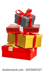 Stack of luxury gift boxes in gold, red, and black colors with satin ribbons and bows, isolated on white. Christmas or New Year composition symbolizing holiday celebration, surprise, and giving.