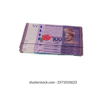 A stack of Malaysian Ringgit banknotes,currency,Ringgit Malaysia isolated
