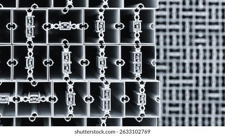 Stack of metal structural parts with square cross-section and many small holes. Industrial constructions for building background