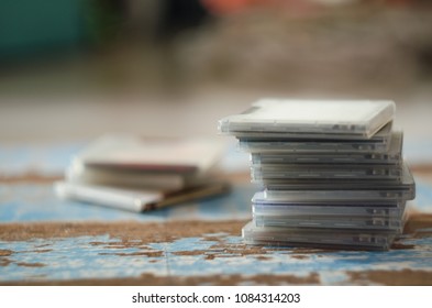 Stack of minidiscs, selective focus,Minidisc box.