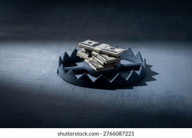 A stack of money inside a bear trap. Financial traps, investment risks, economic danger, greed, debt, and fraud concept. Copy space for text.
