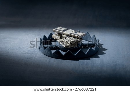A stack of money inside a bear trap. Financial traps, investment risks, economic danger, greed, debt, and fraud concept. Copy space for text.