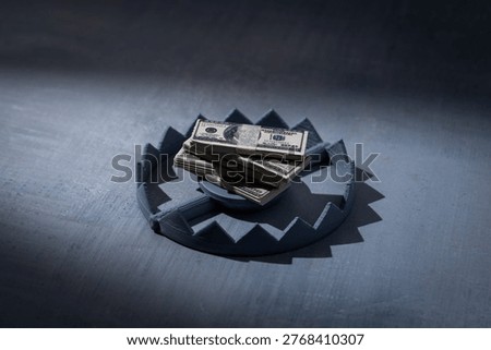 A stack of money inside a bear trap. Financial traps, investment risks, economic danger, greed, debt, and fraud concept. Copy space for text.
