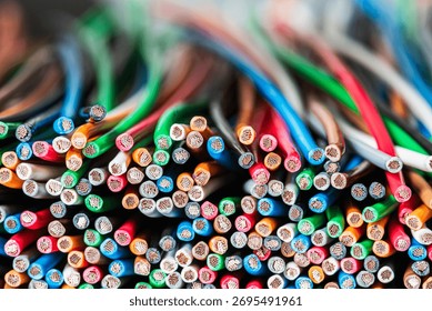 A stack of multicolored copper electrical wires, close-up cross-section view