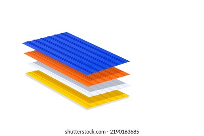 Stack of multicolored corrugated metal sheets with polymer coating for wall and roofing on isolated white background