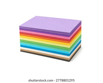 Stack of multicolored paper sheets isolated on white background.