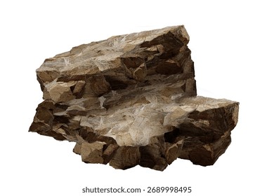 Stack of natural brown rocks with rough texture isolated on white background, realistic 3D stone formation for nature and geology design.