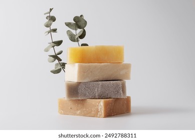 Stack of natural organic soap bars. Cleaning products concept. 