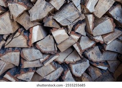 A stack of neatly arranged firewood, ready for winter.  Various sizes and shades of wood are visible. - Powered by Shutterstock