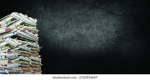 Stack of newspapers on dark background with copy space for news concept
Pile of stacked newspapers on a dark textured background with copy space, representing news, journalism, media, information, and communication concepts. Ideal for editorial, press, and publishing themes.