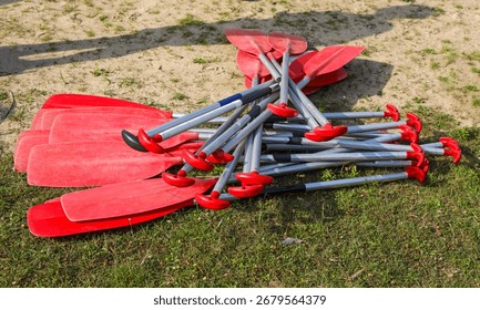Stack of oars, rowing, paddling, watersport, hobby, fun