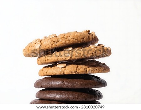 Stack of oatmeal and chocolate chip cookies isolated on white background with appetizing, delicious, unhealthy, calories, appetite, munching, snacking, dessert, baking