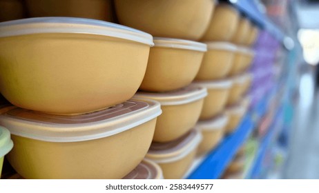Stack of ocher jars with lids on shelf for sale 