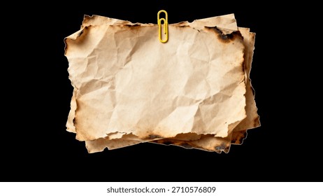 Stack of old, aged, burnt, and crumpled paper sheets with a yellow paperclip for a vintage texture background