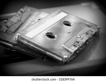 Stack of old audio tapes close up