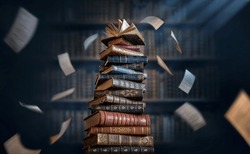 A Stack Of Old Books And Flying Book Pages Against The Background Of The Shelves In The Library. Ancient Books Historical Background. Retro Style. Conceptual Background On History, Education Topics.