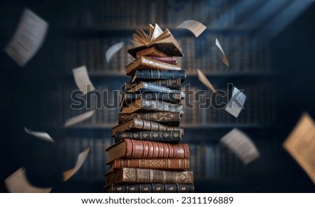 A stack of old books and flying book pages against the background of the shelves in the library. Ancient books historical background. Retro style. Conceptual background on history, education topics.