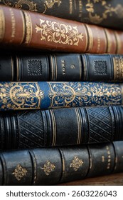 A stack of old books on table in library. Ancient books as a symbol of knowledge, history, memory and information. Conceptual background on education, literature topics.