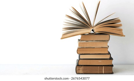 A stack of old books with an open book on top.