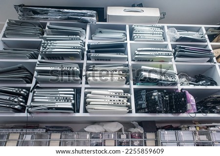 Stack of old, broken and obsolete laptop computer for repair and recycle