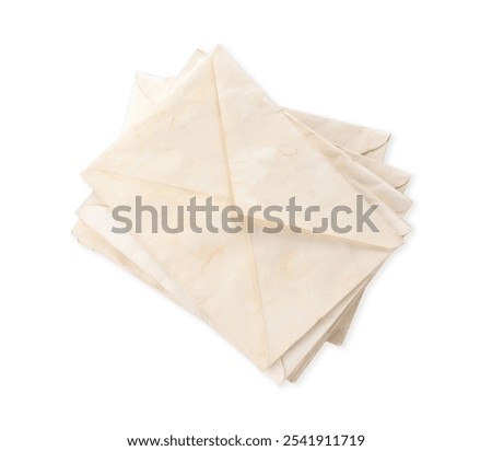 Stack of old letters on light grey background, top view
