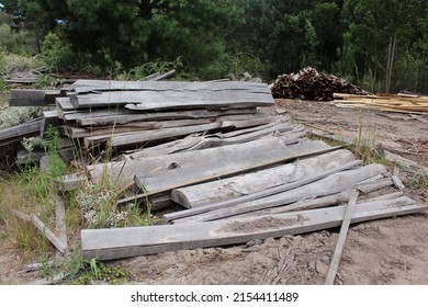 Stack Of Old Lumber Surrounded By Trees, Weathered Wood