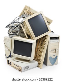 Stack Of Old And Obsolete Computer, Isolated