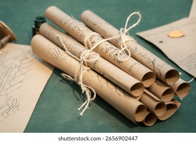 A stack of old parchment scrolls tied together with string. The scrolls are tied in a way that they are not touching each other