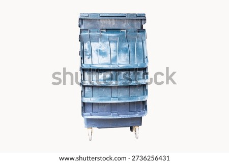 Stack of old rubbish bin large size garbage square shape black with flip cover arranged in same pattern. Waste collection equipment in park. Protect environment. Isolated on white background.
