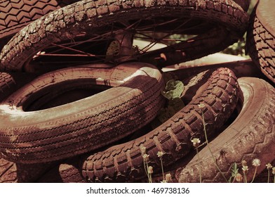 Stack of old tires in old fime style tone