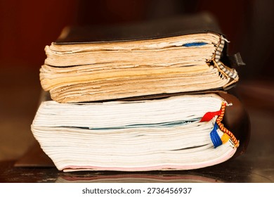 Stack of Old Vintage Books Side View, Antique Yellowed Pages Texture, Historical Knowledge and Academic Literature, Aged Hardcover Document for Library and Education Concept
