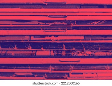 Stack Of Old Vintage Comic Books Creates A Colorful Background Texture With Red Blue Duotone Effect