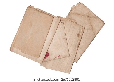 Stack of Old Vintage Papers. Aged Folded Documents and Notebook Pages Pile Isolated on White Background, Top View