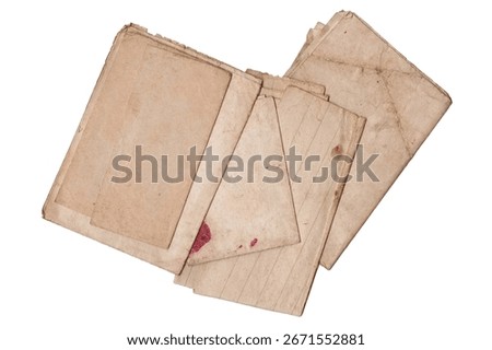 Stack of Old Vintage Papers. Aged Folded Documents and Notebook Pages Pile Isolated on White Background, Top View