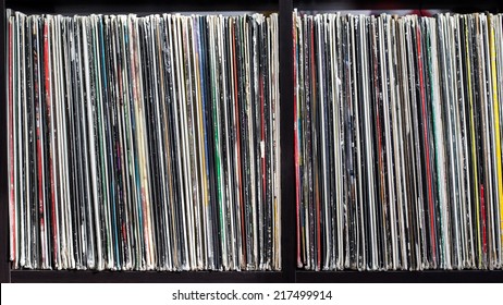 Stack Of Old Vinyl Records. Closeup