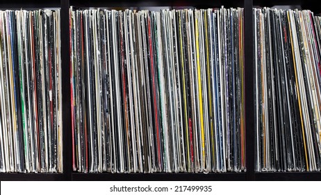 Stack Of Old Vinyl Records. Closeup