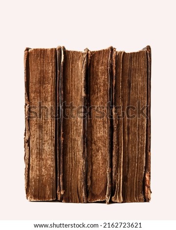 Stack of old worn shabby Jewish books in leather binding isolated on white background. Closeup. Selective focus