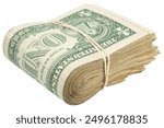 Stack of one dollar American bills. Cash wad roll. Money rolled in half with rubber band. Green USA bank notes. USD banking saving 1$ bills. Isolated background. Paper money note. Business success. 