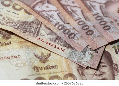Stack of one thousand Thai baht banknotes