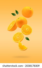 Stack of Orange falling or flying.Creative levitation food on orange color background with vertical frame