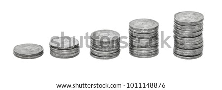 Stack of Pakistani  5 old and new coins rupees increasing columns of coins, step of stacks coin isolated on white background with copy space for business and financial concept idea.
