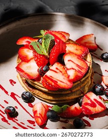 A stack of pancakes is generously topped with sliced strawberries and blueberries, drizzled with berry sauce, and garnished with mint on a simple plate. Perfect for breakfast or brunch.
