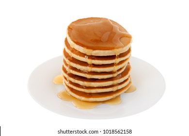 Stack Of Pancakes With Maple Syrup On A Plate Isolated White Background. Fat Tuesday. Dessert. Snacks. Family Breakfast. Brunch. Food. Sweets.