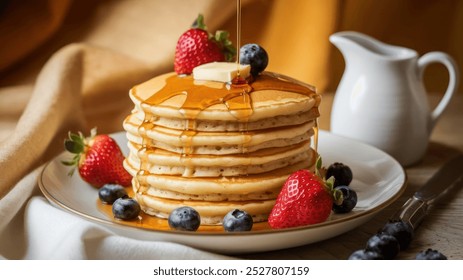 Stack of pancakes with syrup, butter, strawberries, and blueberries