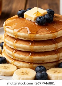 Stack of pancakes with syrup dripping