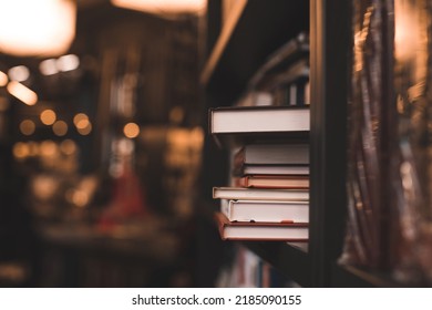 Stack Of Paper Books In Bookstore Or Library Close Up. Back To School Concept. 