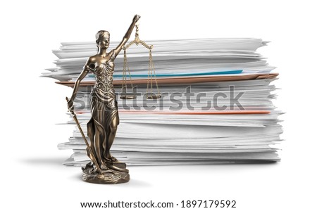 Stack of a paper document and postal envelope with femida statue