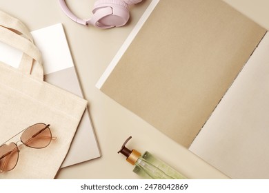 Stack of paper and fabric bag, blank objects for placing your design