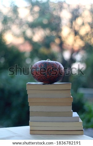 Stack of paperback books and red kuri squash in a garden. Selective focus.
